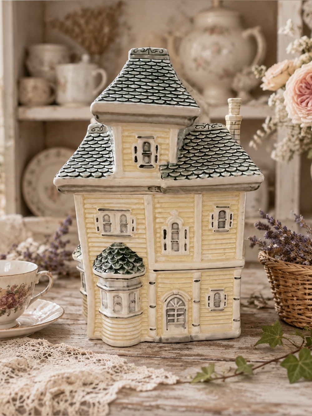 Vintage Victorian House Ceramic Cookie Jar Canister - Picture 1 of 8
